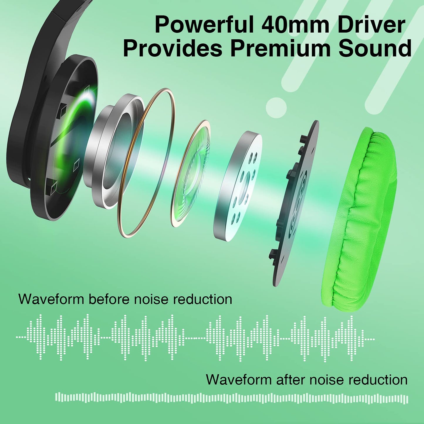 BlueFire Over-Ear Kids Headphones with Microphone, Volume Control, 3.5mm Jack, Green, Model CW63BF for Gaming and Online School