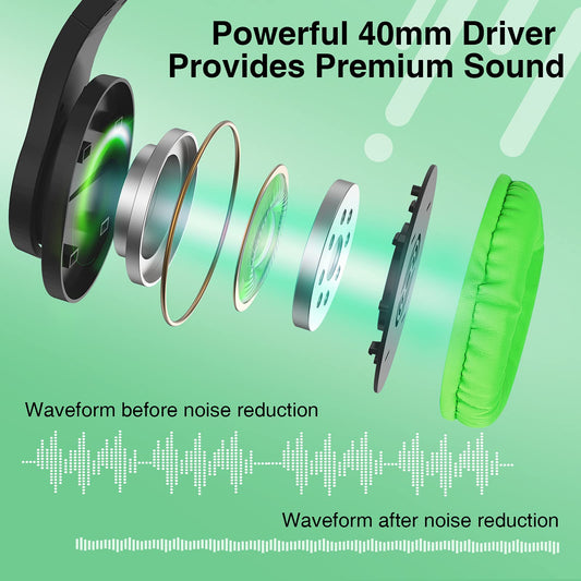 BlueFire Over-Ear Kids Headphones with Microphone, Volume Control, 3.5mm Jack, Green, Model CW63BF for Gaming and Online School