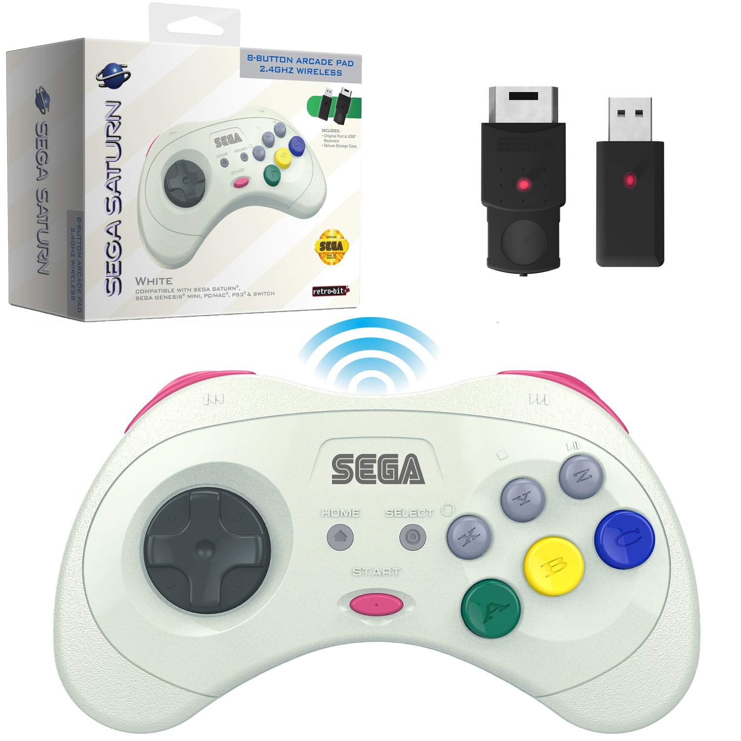 Retro-Bit Wireless Controller for Sega Saturn & Genesis Mini - White, Model RB-SGA-048, Includes 2 Receivers & Storage Case