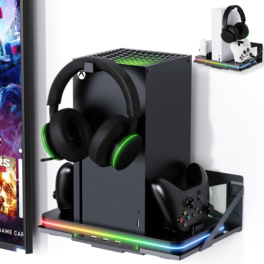 Wall Mount with Cooling Charging Stand for Xbox Series X/S  Luckit Vertical Dual Controller Charger Station Compatible Xbox Series X/S Console Accessories with Cooling Fan  3 USB Ports&2 Headset Stand