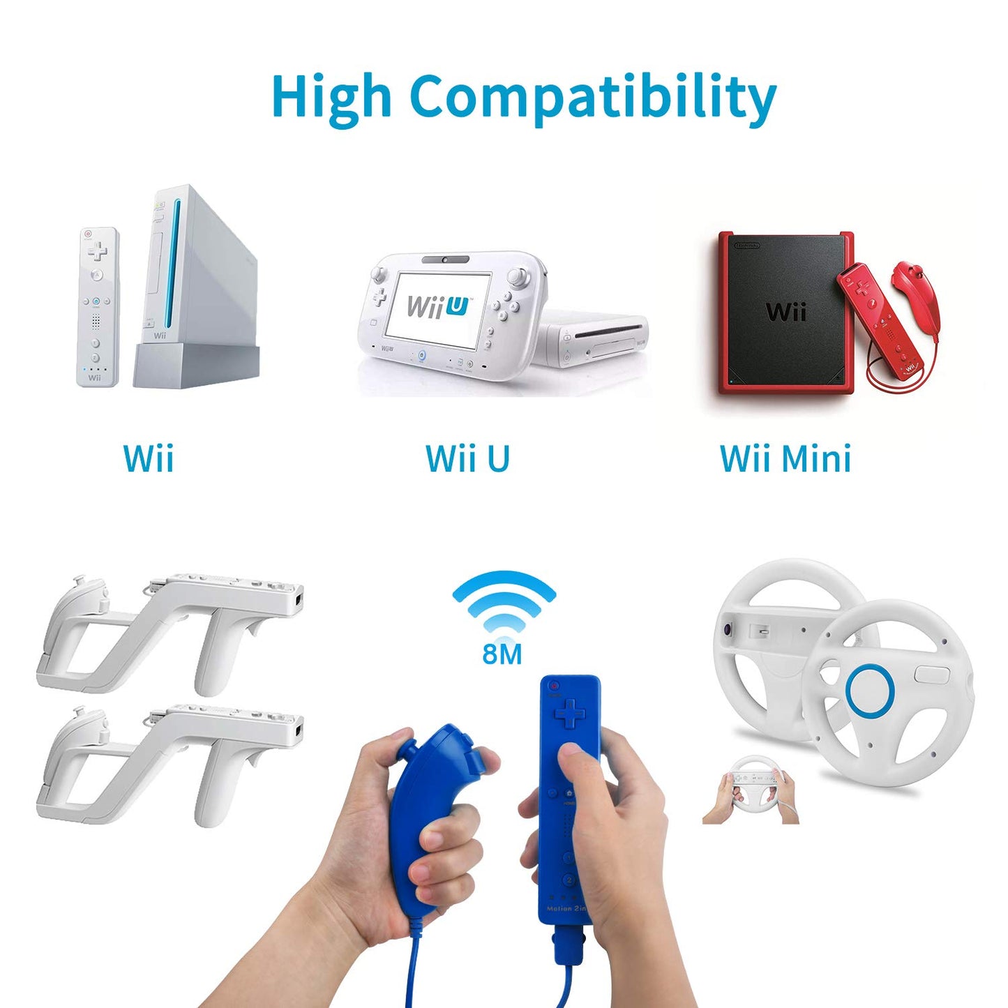 TechKen Wireless Controller for Wii & Wii U - Built-in Motion Plus, Blue, 1 Pack