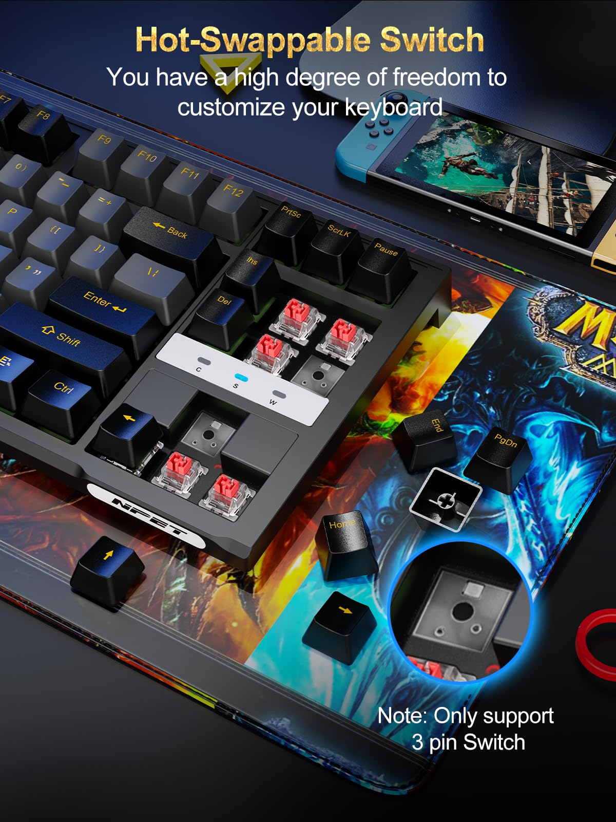 NPET CR87 Mechanical Gaming Keyboard - Hot-Swappable 87-Key, RGB, 45g Red Switches, Anti-Ghosting, Black & Grey