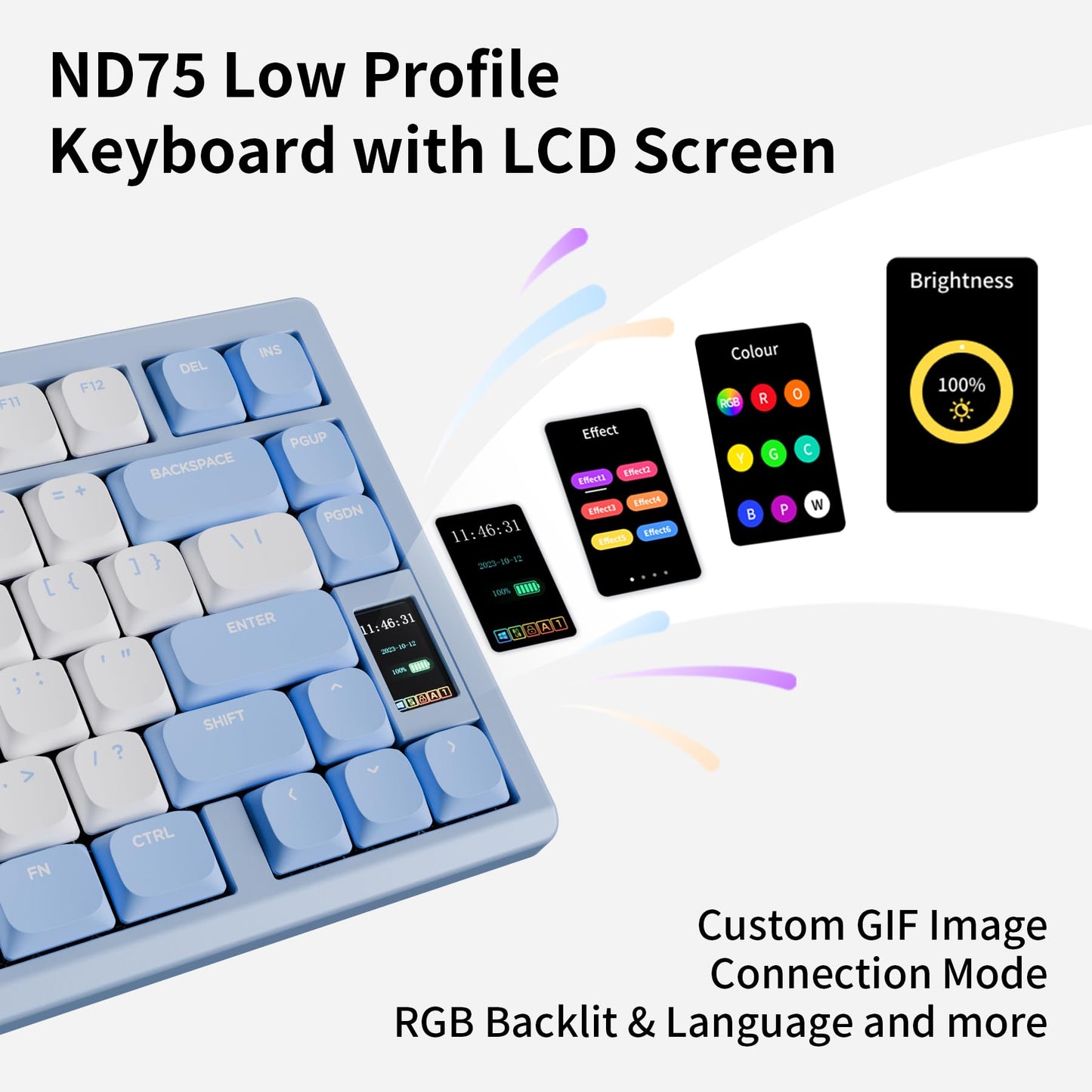 OOCTPK Mechanical Keyboard - Chilkey ND75 LP Wireless, Bluetooth/2.4G/USB-C, RGB, UltraThin, Blue, Wrist Rest, PC/Mac Compatible