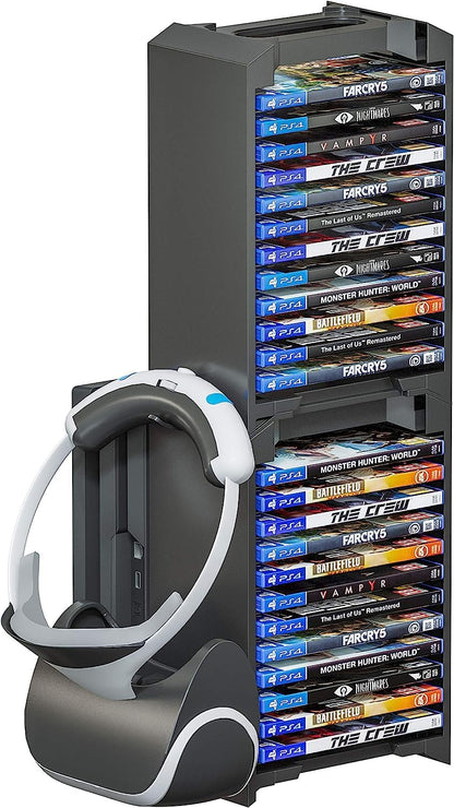 Skywin Video Game Storage Stand Tower for PS5/PS4/Xbox - 24 CD Organizer, VR Hanger, 12x8x5 inches, Black, Model SW-DBOR