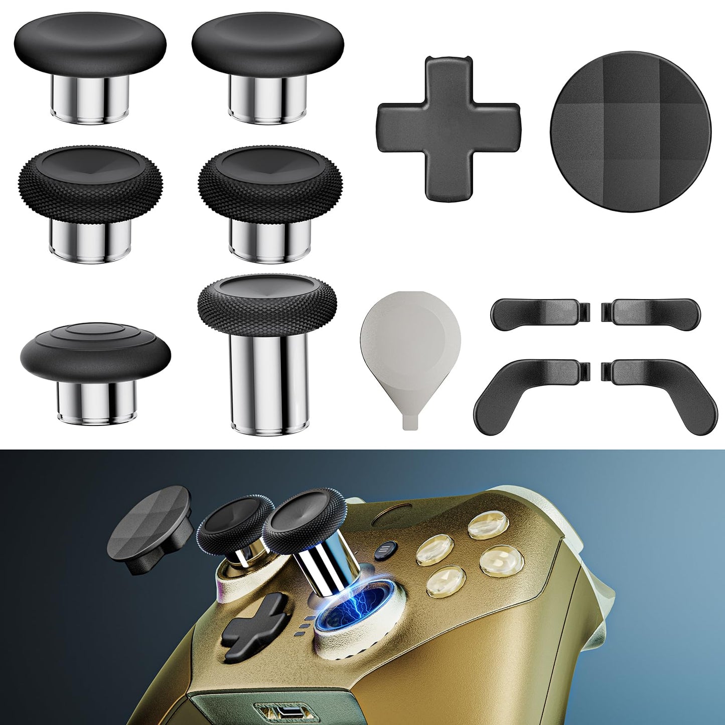 14-in-1 Controller Accessories Kit Compatible with Xbox Elite Series 2  6 Premium Metal Thumbsticks  Swap Joysticks  4 Interchangeable Paddles  2 D-Pads  1 Tool & 1 Storage Bag (Matte Black)