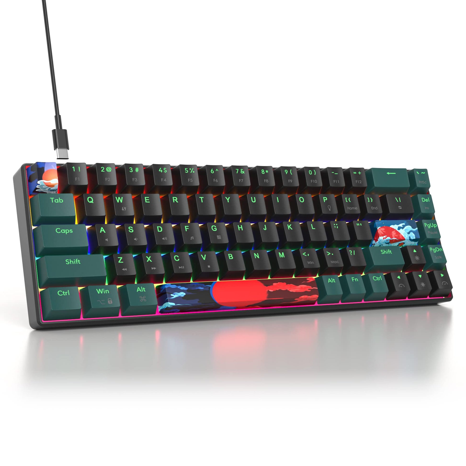 iTastatur 60 Percent Gaming Keyboard Mechanical with Linear Red Switch  65% Wired Ultra-Compact Mini Keyboard Rainbow with PBT Keycaps for Ps4/Ps5/Xbox(68 Green)