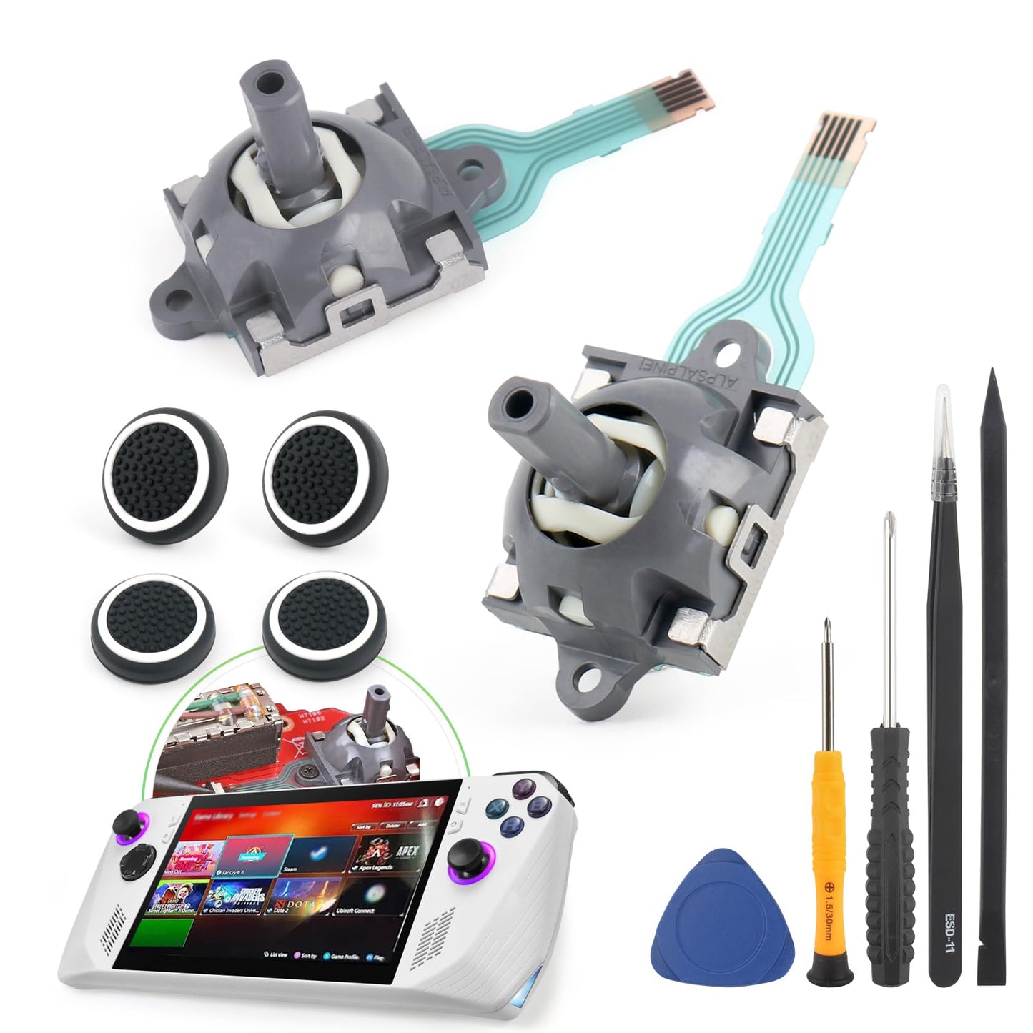 YWLRONG Joysticks for Asus ROG Ally & GPD Win3 - Gray Replacement Thumb Sticks with Repair Tools