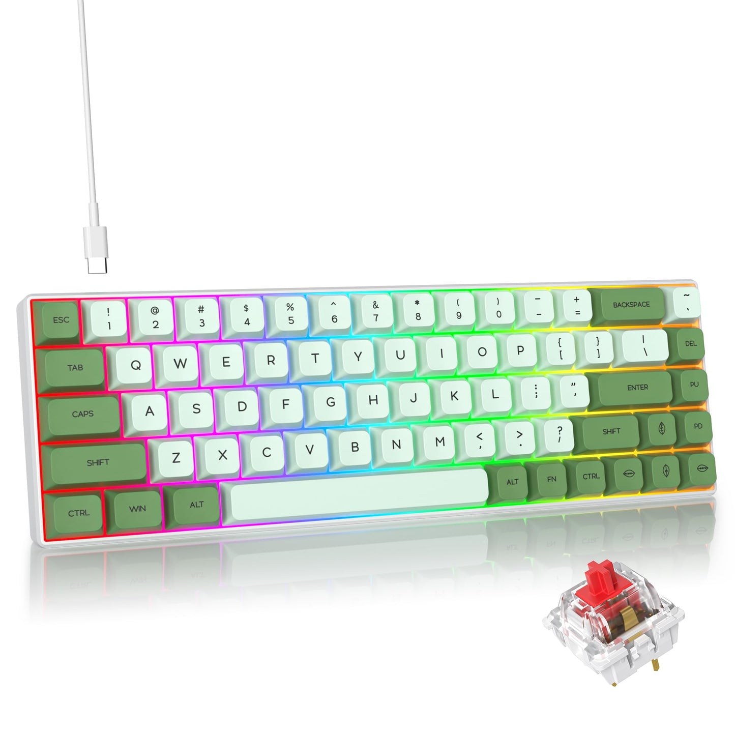 iRoboosta Green 65% Percent Small Mechanical Keyboard  68 Key RGB Gaming Keyboard  Red Switch USB-C Wired Keyboard  PBT XDA Keycaps Compact Mini Key Board for Game  Office (68 Matcha)