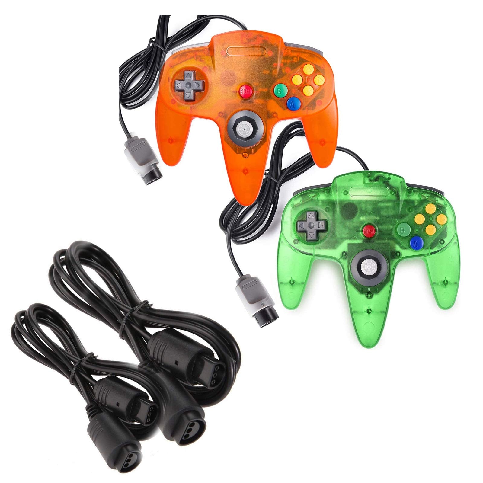 miadore 2-Pack Wired Classic 64 Controller Bundle with 2 Extension Cords [1.8m/6ft ] Compatible with N64 Video Game Console (Clear Orange and Green)