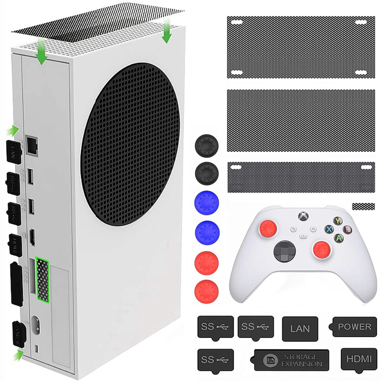 For Xbox Series S Dust Cover  Accessories with 4 Dust Covers and 7 Silicone Plugs 6 Thumb Grip Caps  for Xbox Series S White and Black Console Accessories