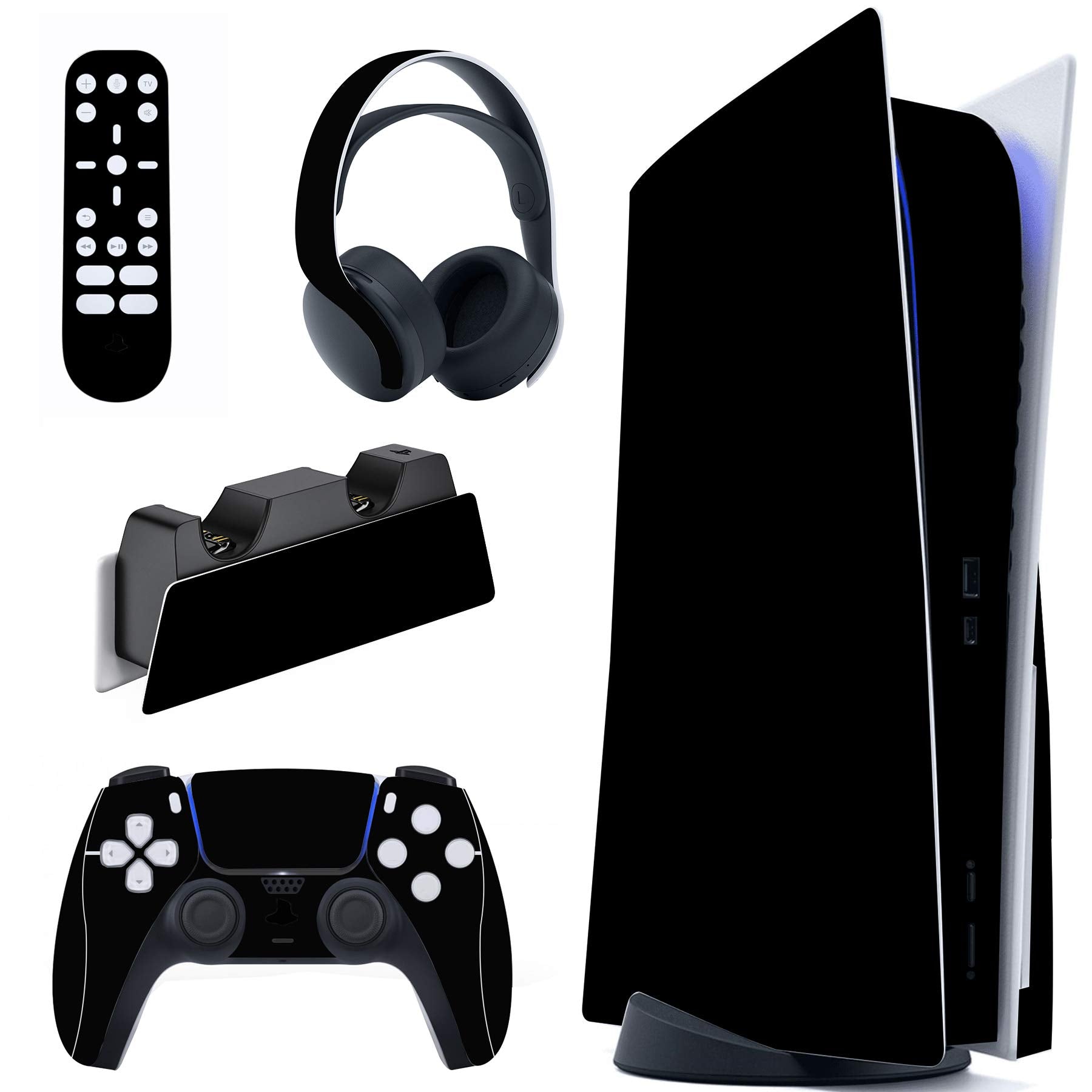 PlayVital Black Full Set Skin Decal for ps5 Console Disc Edition  Sticker Vinyl Decal Cover for ps5 Controller & Charging Station & Headset & Media Remote