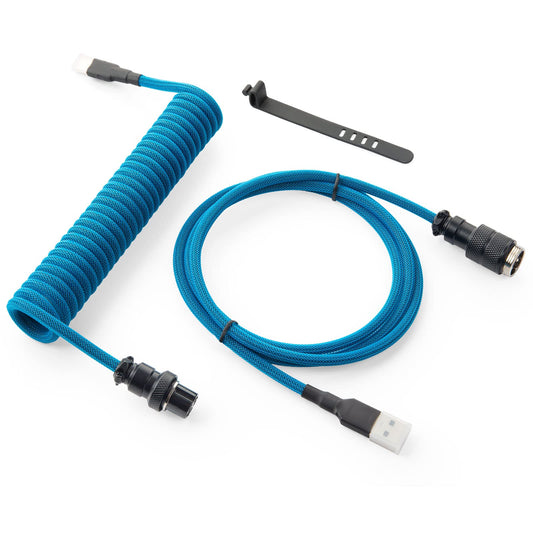 toolMjo Pro Custom Coiled USB C Cable for Gaming Keyboard  Double-Sleeved Mechanical Keyboard Cable with Detachable Metal Aviator  1.5M USB-C to USB-A  Blue Color