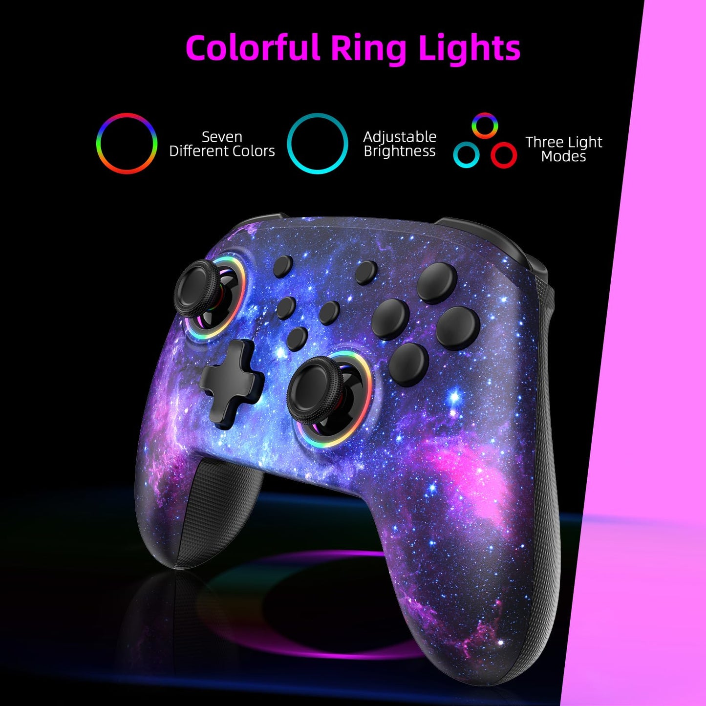 NexiGo Wireless Controller for Switch 2 & Switch, Bluetooth, Vibrating, Motion, Turbo, LED Light, Cosmic Nebula, Model NS32-A2 BLK-2