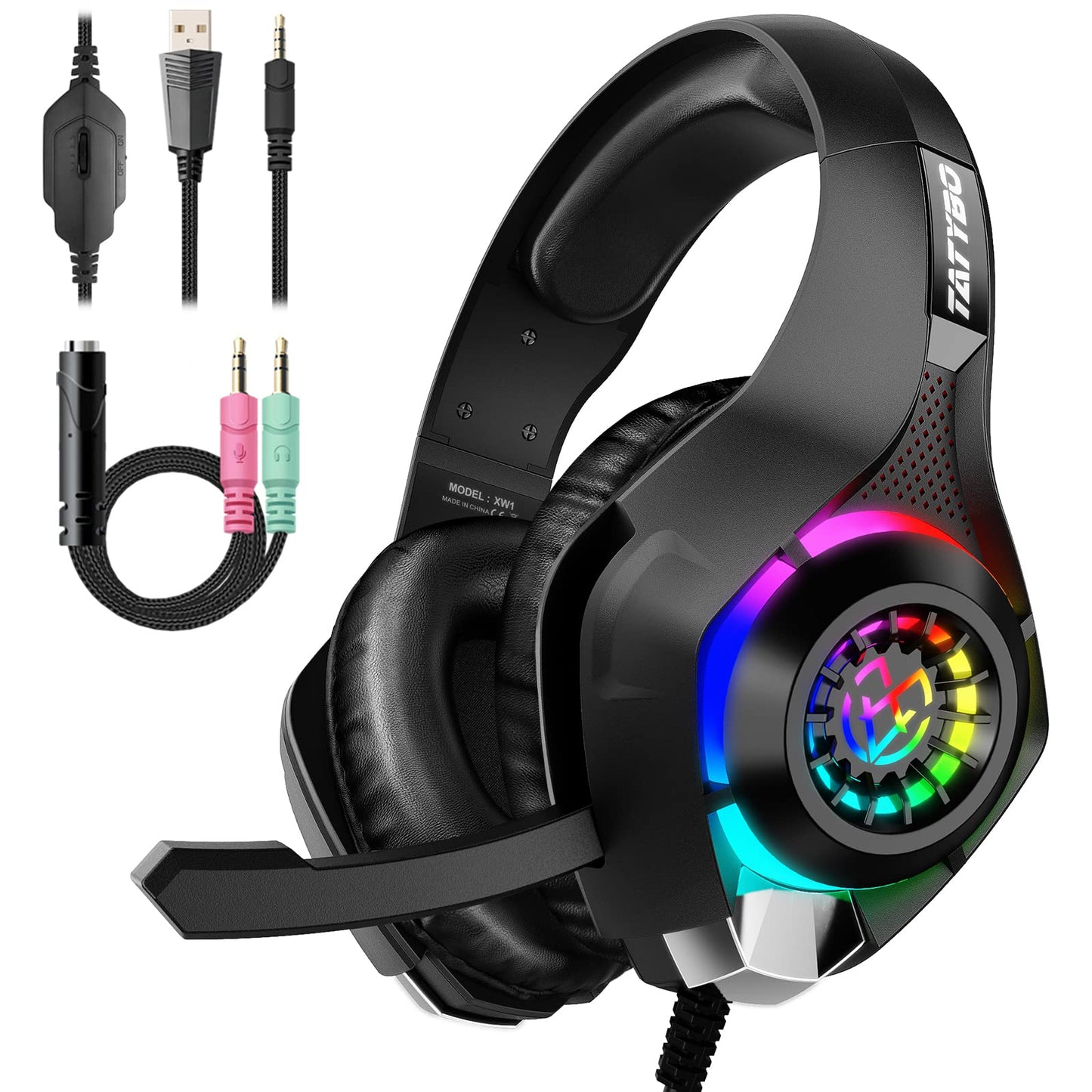 Tatybo Gaming Headset - RGB, Noise-Canceling Mic, Surround Sound, Large Size, Model XW6 for PS4, PS5, Xbox One, PC