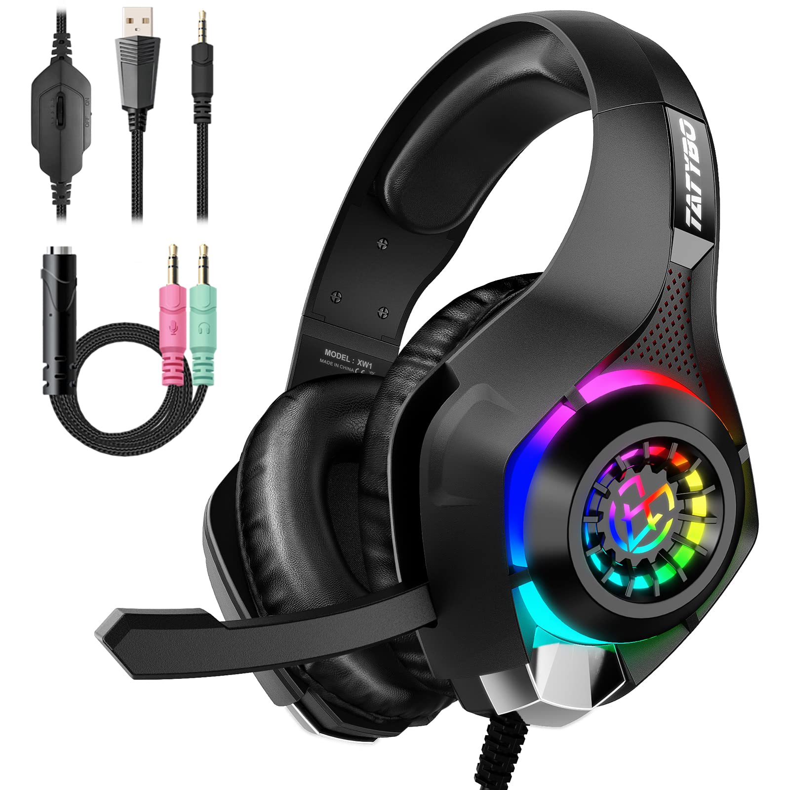 Tatybo Gaming Headset - RGB, Noise-Canceling Mic, Surround Sound, Large Size, Model XW6 for PS4, PS5, Xbox One, PC