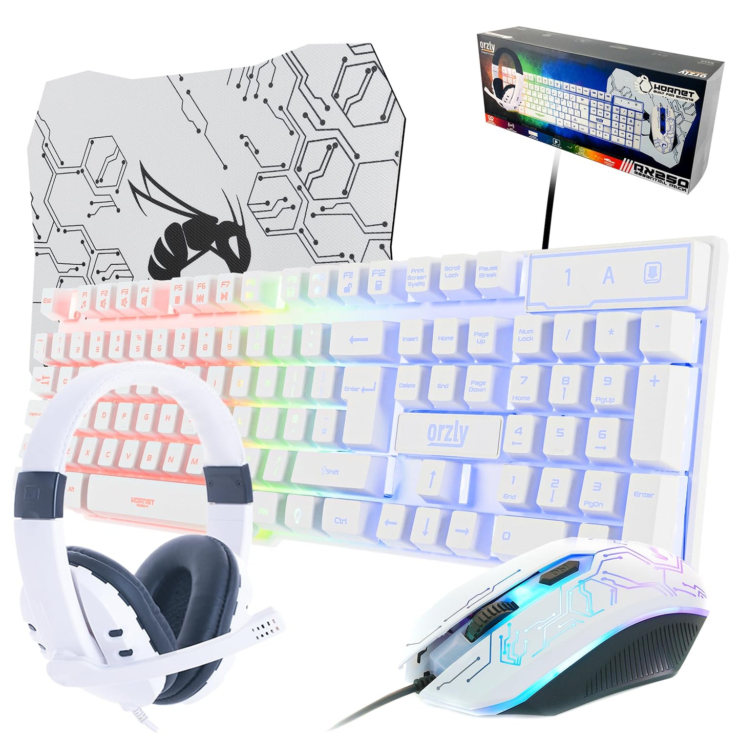 Gaming Keyboard and Mouse and Gaming Headset & Mouse Pad  Wired LED RGB Backlight Bundle for PC Gamers Users - 4 in 1 White Edition Hornet RX-250