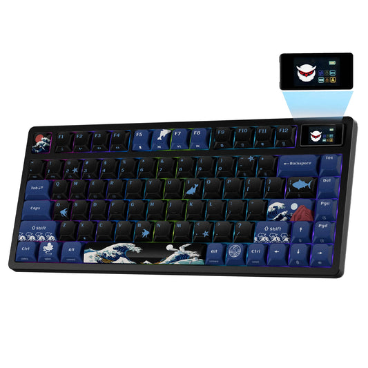 XVX 75% Keyboard with Color Smart Display  L75 Pro Low Profile Gasket Mechanical Gaming Keyboard  Bluetooth 5.1/2.4G Wireless/Type-C Wired Custom Anime Keyboard with RGB Backlit  Black Kanagawa Theme