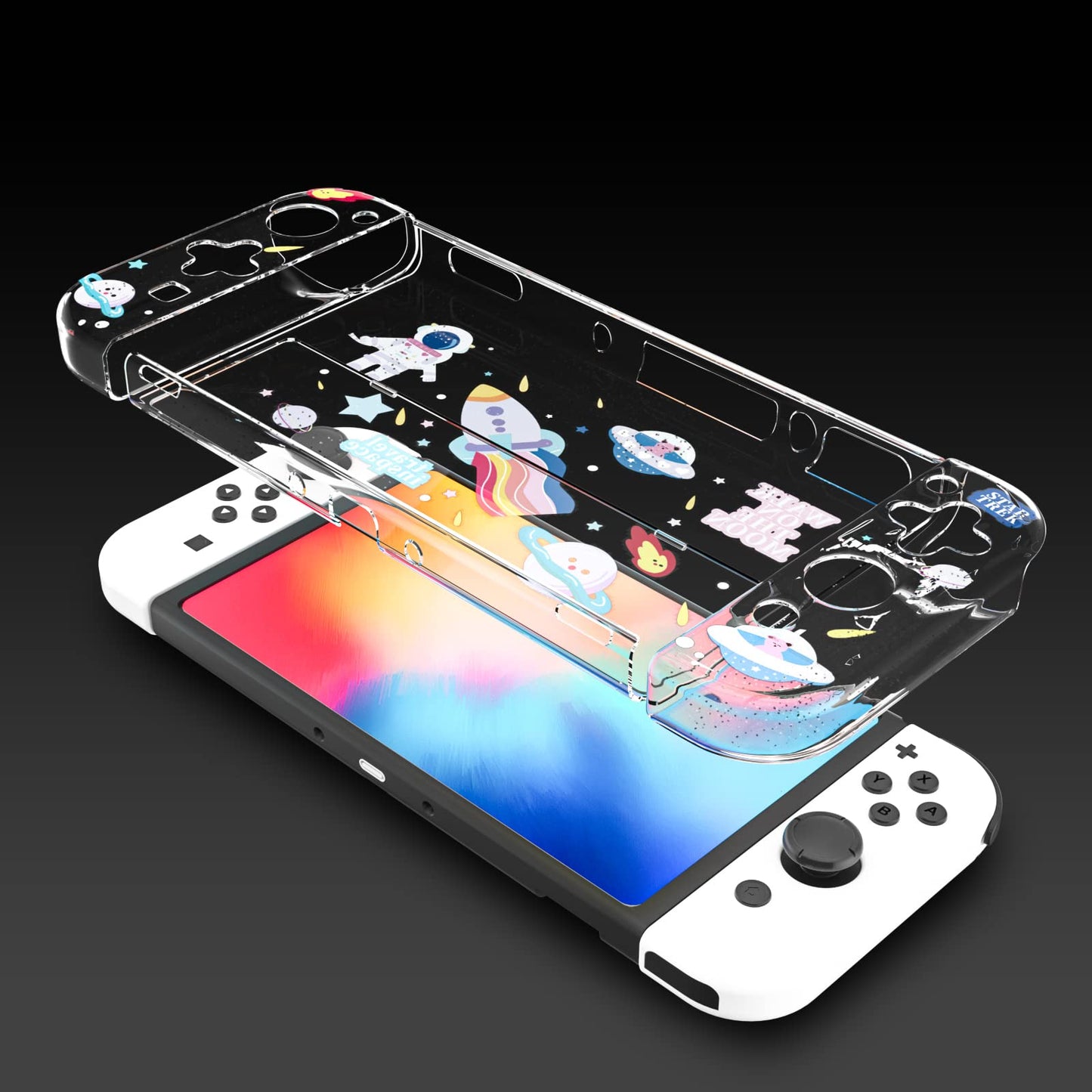 NANANINO Switch OLED Protective Case with Tempered Glass Screen Protector and Thumb Grips - Clear
