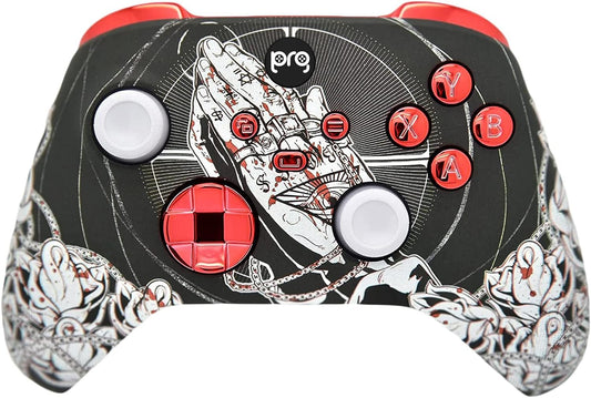 Hand Airbrushed Fade Custom Controller Compatible with Xbox Series X/S & Xbox One (Series X/S Bloody Forgiveness W/Red Chrome Inserts)