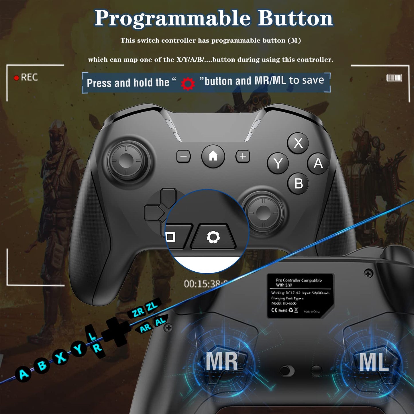 UNIHOW Bluetooth Wireless Game Controller for Switch/PC/Phone - Black with Clip, Custom Buttons, Turbo, 15H Playtime