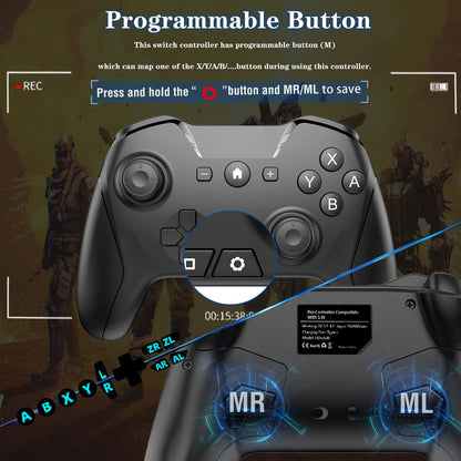 UNIHOW Bluetooth Wireless Game Controller for Switch/PC/Phone - Black with Clip, Custom Buttons, Turbo, 15H Playtime