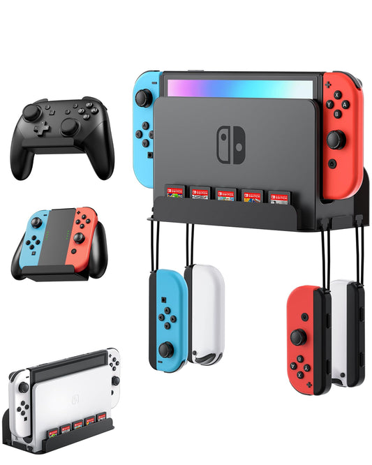 ZAONOOL Wall Mount for Nintendo Switch and Switch OLED with 2 Controller Wall Holders  Metal Wall Mount Kit Stand with 5 Game Card and 4 JoyCon Shelfs  Safely Store Console Near or Behind TV  Black