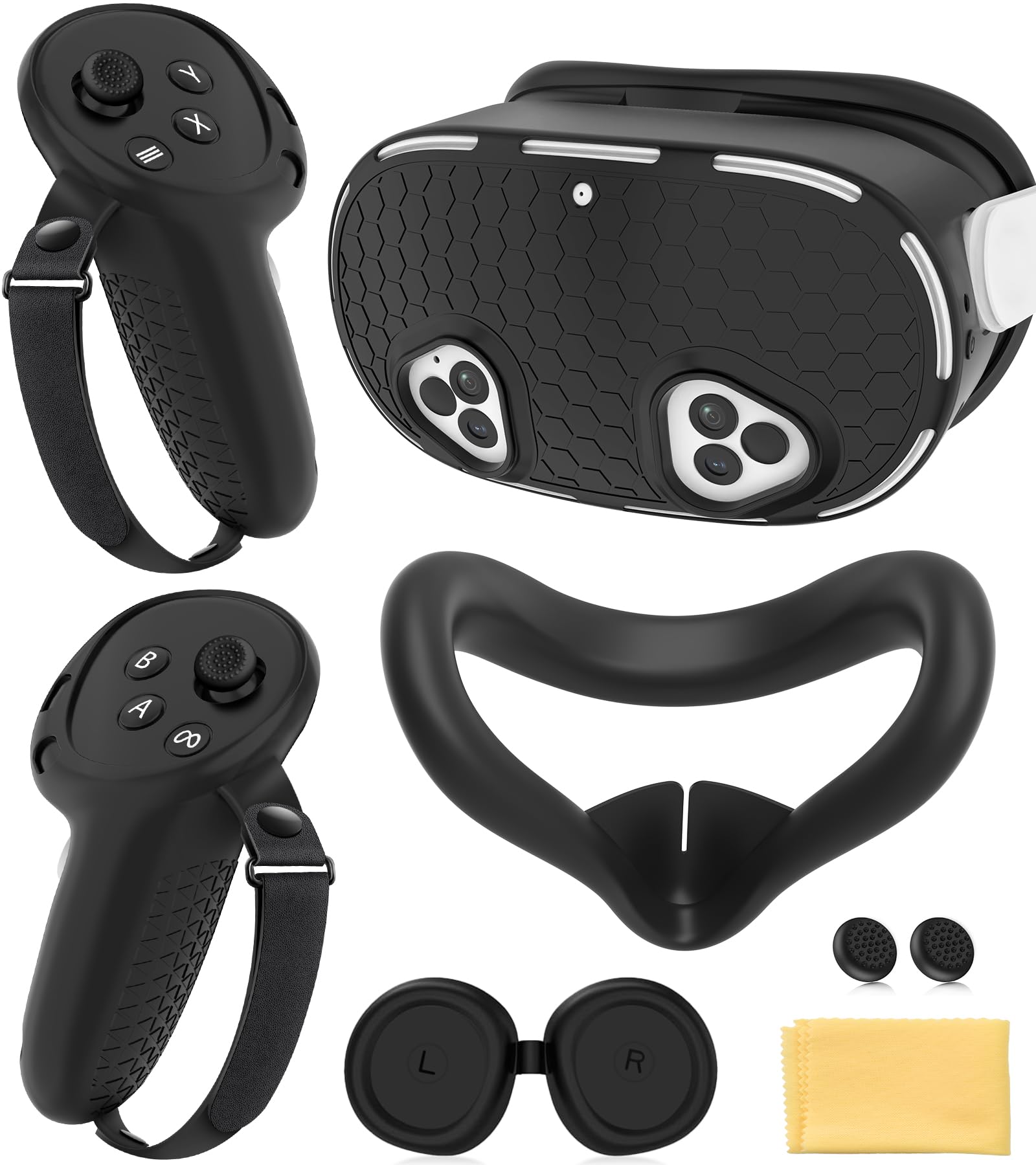Silicone Cover Set Compatible with Meta Quest 3S Accessories  VR Protector Face Cover  Controller Grips  Front Shell Headset Cover and Lens Protective Cover for Meta/Oculus Quest 3S Accessories(Black)