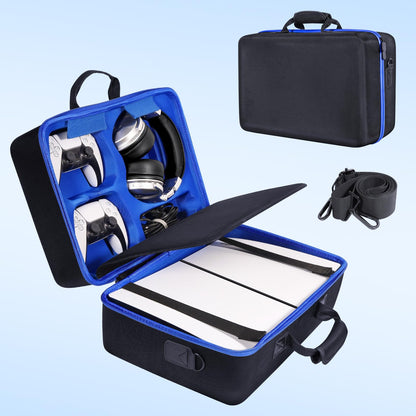 ZORETCO PS5 Slim Carrying Case - Hard Shell Travel Bag for PS5 Slim Console, Controllers, Black Blue