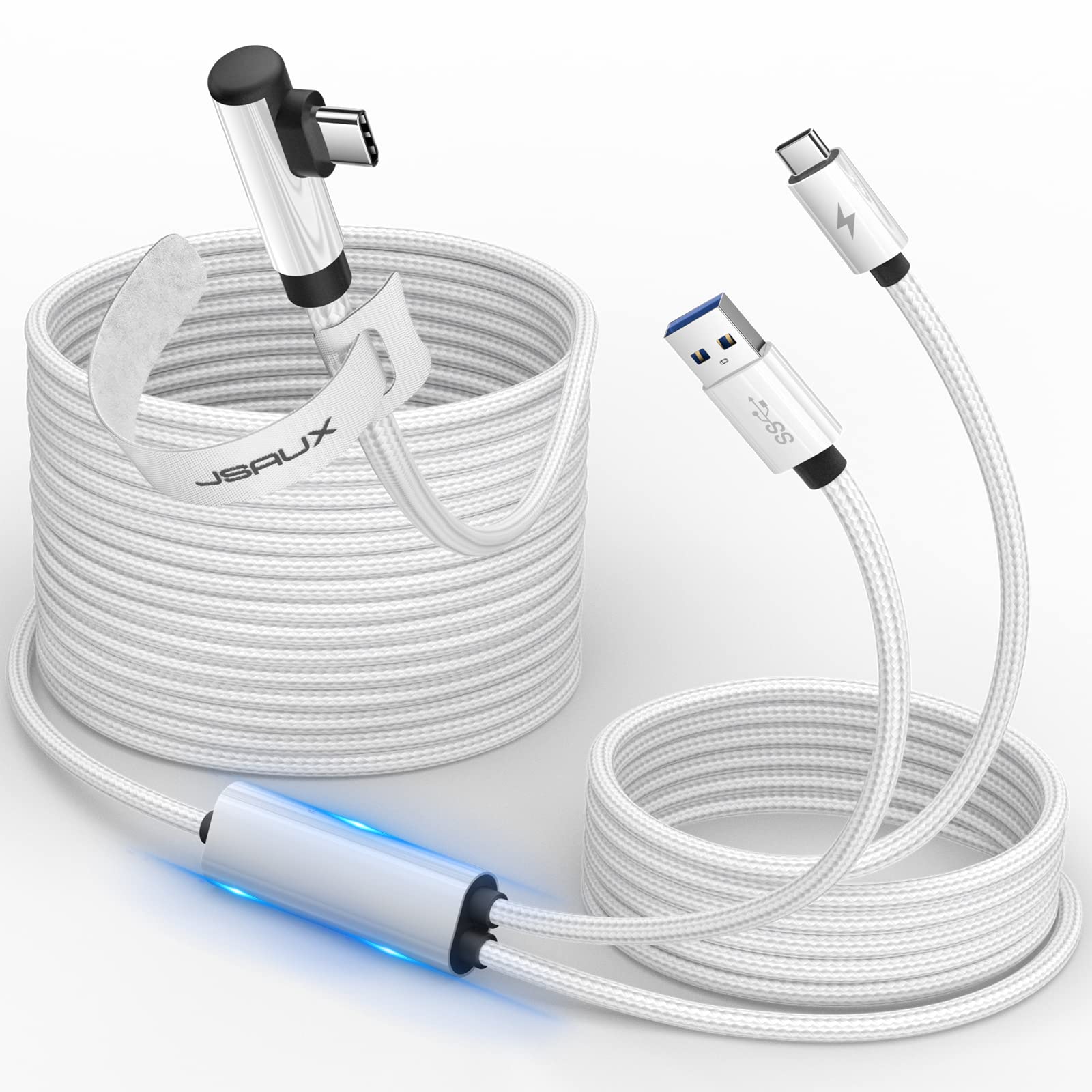 JSAUX 16FT Link Cable for Meta/Oculus Quest 3/2 - Nylon Braided, White, USB 3.0, Charging While Playing