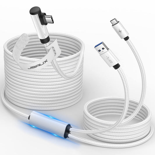 JSAUX 16FT Link Cable for Meta/Oculus Quest 3/2 - Nylon Braided, White, USB 3.0, Charging While Playing
