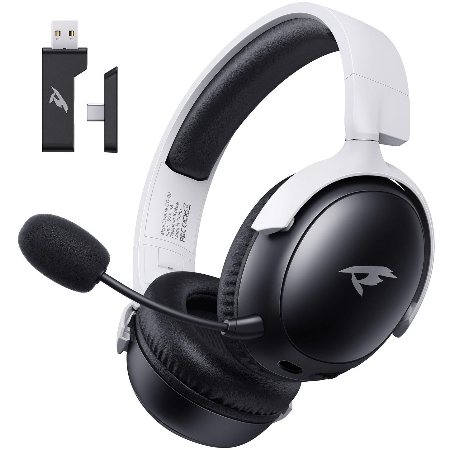 KOFIRE Wireless Gaming Headset, 2.4GHz, Bluetooth 5.4, 53mm Stereo Sound, 65H Battery, ENC Mic, Black-White, Model UG-