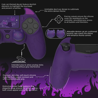PlayVital PS4 Cute Demon Controller Skin - Purple Silicone Grip Cover with Thumb Grips & Stickers for PS4 Slim/Pro