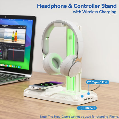 KDD RGB Headphone & Controller Stand - Wireless Charging, 9 Light Modes, 2 USB Ports, White, Model KDD-752W