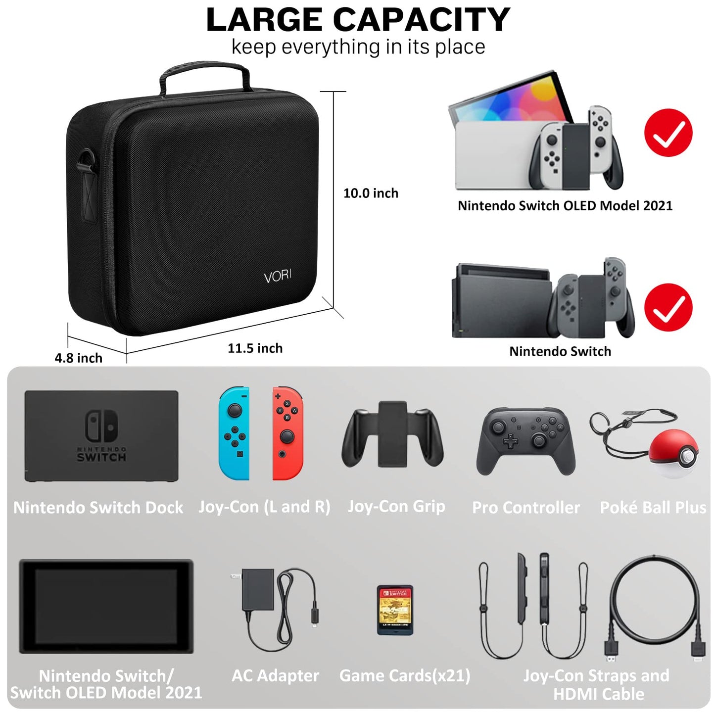 VORI Hard Carrying Case for Nintendo Switch/OLED - Protective Storage with Handle & Strap, Black