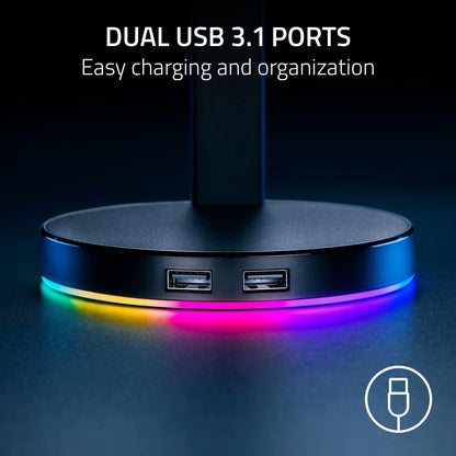 Razer Base Station Chroma Headphone Stand with USB Hub - Quartz Pink, RGB Lighting, 3 USB 3.0 Ports, Non-Slip Base, Model RC21-01190200-R