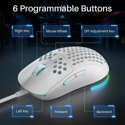 DIERYA M1SE Wired Gaming Mouse - 12800DPI Optical Sensor, 6 Programmable Macros, RGB, White