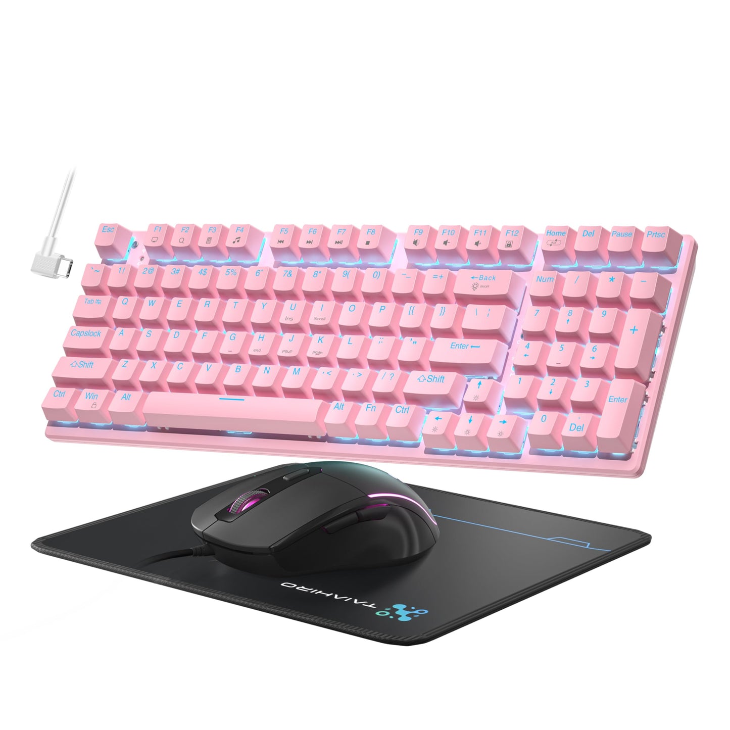 Mechanical Gaming Keyboard and Mouse  LED Backlit 98-Key Floating Keycap & 4 DPI RGB Gaming Mouse with Mouse Pad  Full Anti-Ghost Light Up Wired Computer Keyboards for MAC PC Gamer Accessories  Pink
