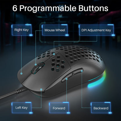 DIERYA Wired Gaming Mouse, 12800 DPI Optical Sensor, 6 Programmable Buttons, RGB, Ergonomic Design, Black