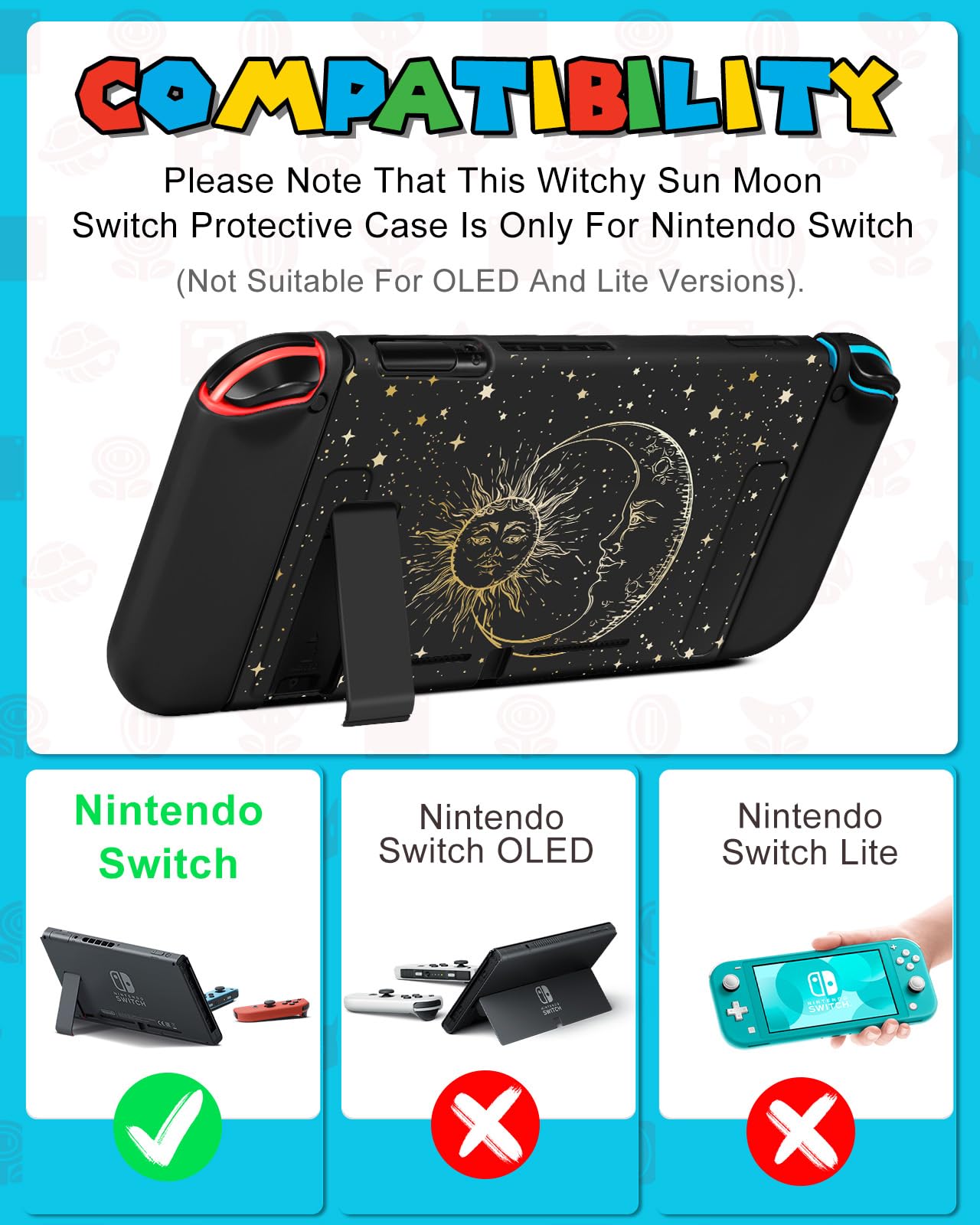 Gurgitat 9in1 Sun Moon Switch Case Bundle for Nintendo Switch - Black, Includes Thumb Grip, Game Holder, Dockable Skin, Shoulder Strap, Sticker