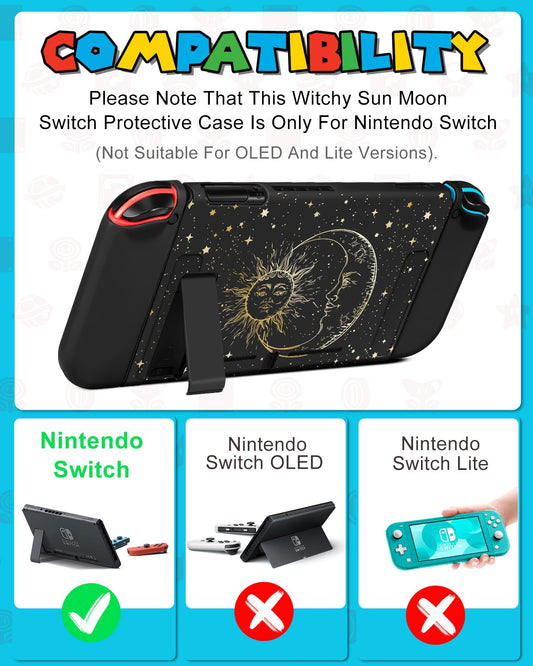 Gurgitat 9in1 Sun Moon Switch Case Bundle for Nintendo Switch - Black, Includes Thumb Grip, Game Holder, Dockable Skin, Shoulder Strap, Sticker