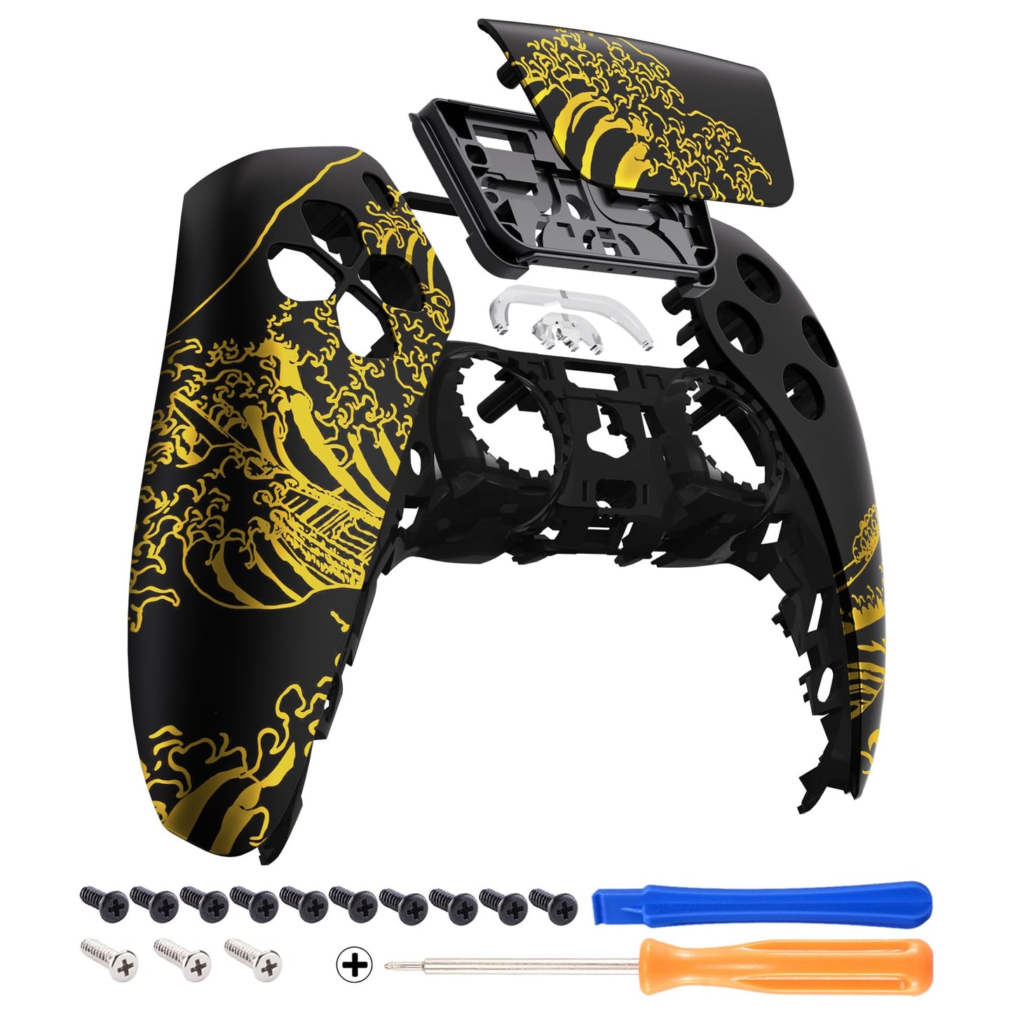 eXtremeRate Touchpad Front Top Shell Compatible with ps5 Controller BDM-010 020 030 040 050  The Great Golden Wave Off Kanagawa - Black Replacement Shell Touch Pad Cover Compatible with ps5 Controller