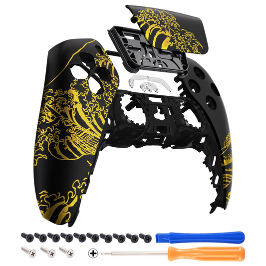 eXtremeRate Touchpad Front Top Shell Compatible with ps5 Controller BDM-010 020 030 040 050  The Great Golden Wave Off Kanagawa - Black Replacement Shell Touch Pad Cover Compatible with ps5 Controller