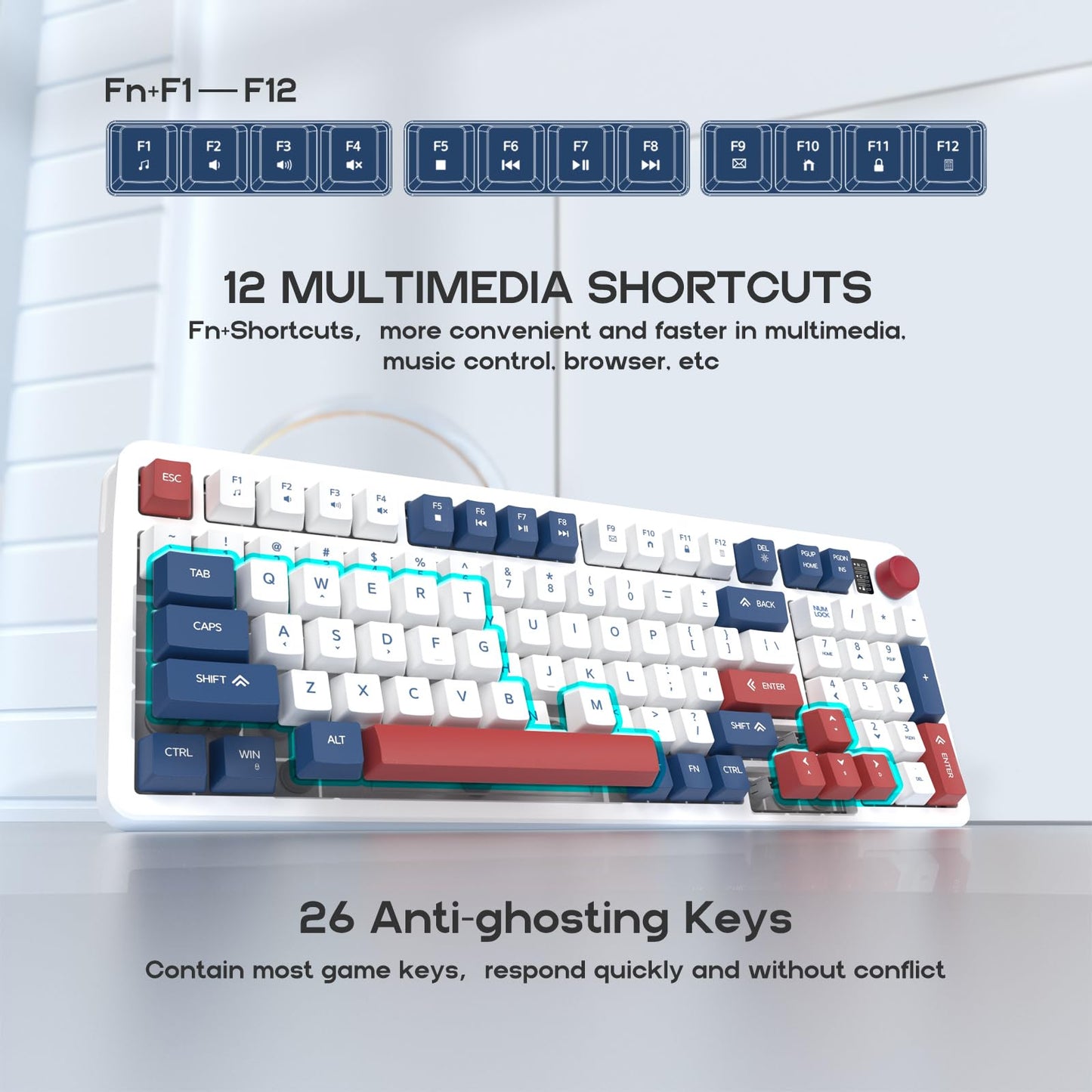 Hofotek 96% Wired Gaming Keyboard - Creamy Membrane, Silent, Number Pad & Volume Knob, Blue/Red/White, Model 920