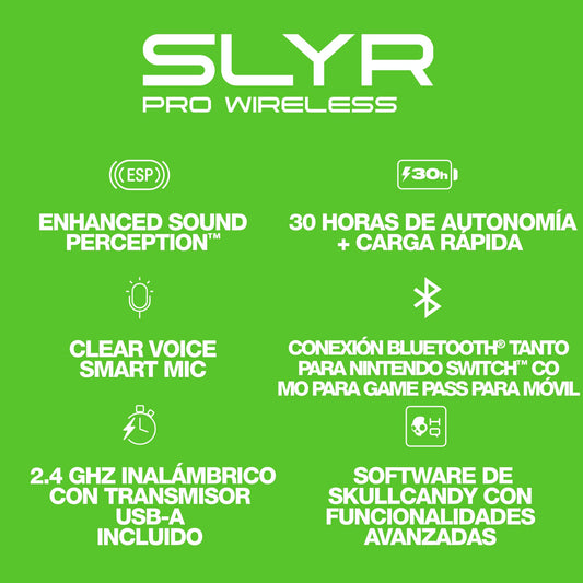 Skullcandy SLYR Pro Wireless Gaming Headset - Bluetooth, 24H Battery, Black/Green, PC/Xbox/PlayStation/Nintendo Switch, Model S6SCY-R080