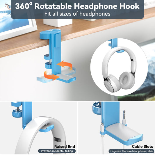 KDD 2 in 1 Headphone Hanger & Desk Cup Holder - Rotatable Under Desk Clamp - Blue - Model 790-FUTI