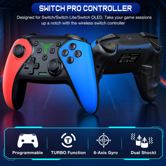 ELISWEEN Wireless Switch Controller for Switch/Lite/OLED - Red+Blue, Pro TURBO with Wake-up Programmable, Compatible with iOS/Android/PC