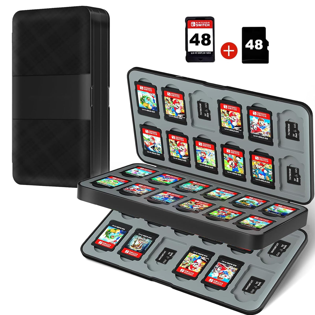 TATMOHIK Switch Game Case for 48 Nintendo Switch Games card & 48 Micro SD Cards Nintendo Switch Game Holder refill unit with 48 sections Compact & Portable Game Storage Case Box(Black)