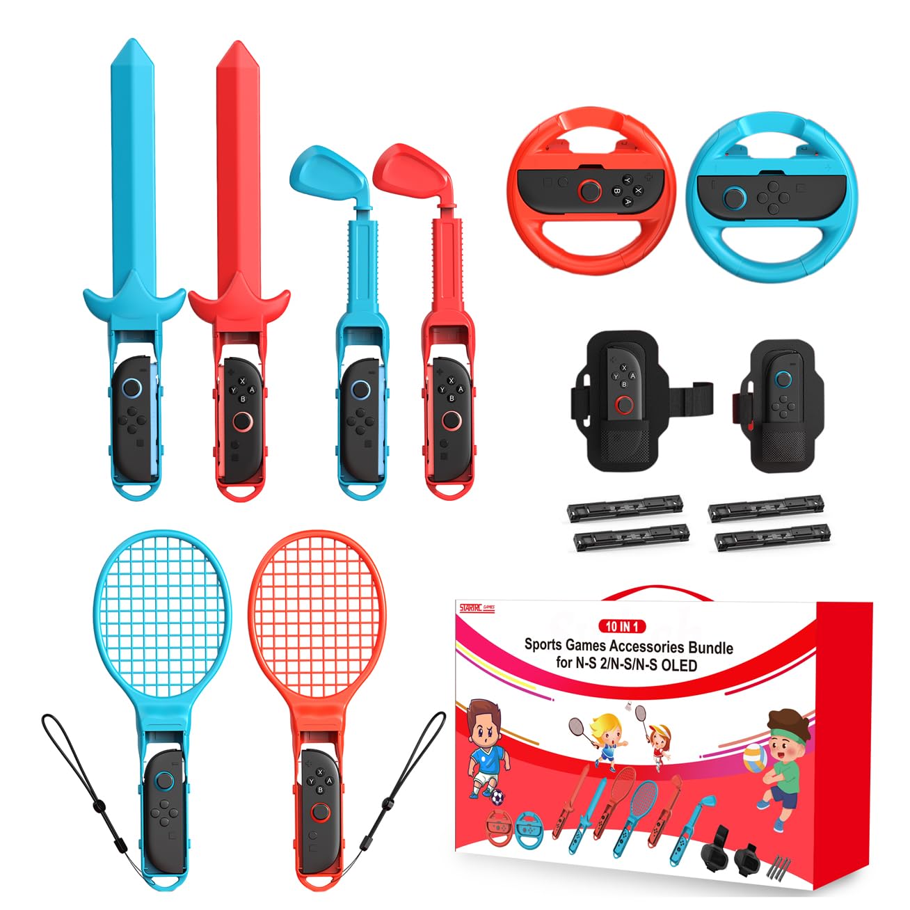 Switch 2 Sports Games Accessories Bundle 10-in-1 Kits Include Tennis Racket  Telescopic Golf Club  decorative item  Steering Wheel & Wrist Leg Strap for Family Game Kids for Nintendo Switch 1 / OLED