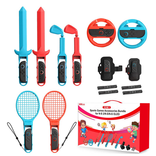 Switch 2 Sports Games Accessories Bundle 10-in-1 Kits Include Tennis Racket  Telescopic Golf Club  decorative item  Steering Wheel & Wrist Leg Strap for Family Game Kids for Nintendo Switch 1 / OLED