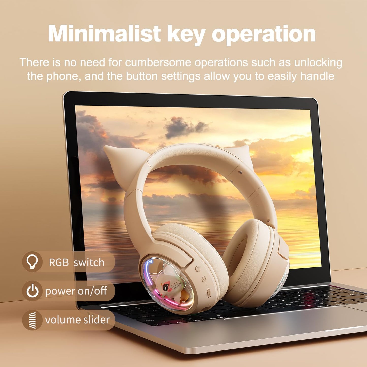 PHNIXGAM Cat Bluetooth Headphones, Wireless Headset with Mic, RGB LED Light, Beige, Model B5, For Kids and Adults